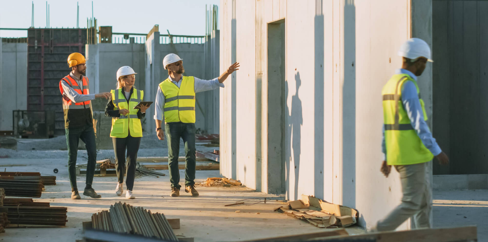 case civil and structural engineering team on construction site wearing protetcive hard hat and hi vis