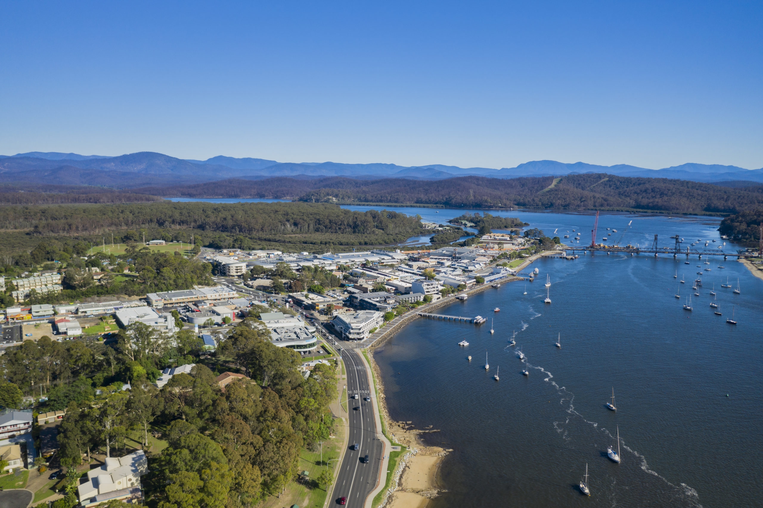 Panoramic aerial drone view of Batemans Bay CaSE civil and structural engineering project